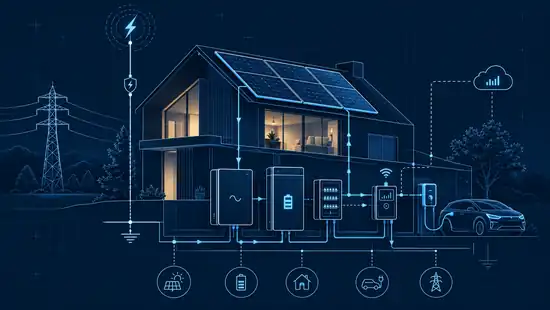 Nowoczesny dom z panelami fotowoltaicznymi, magazynem energii, rozdzielnicą elektryczną i ładowarką samochodu — granatowa wizualizacja systemu energetycznego.