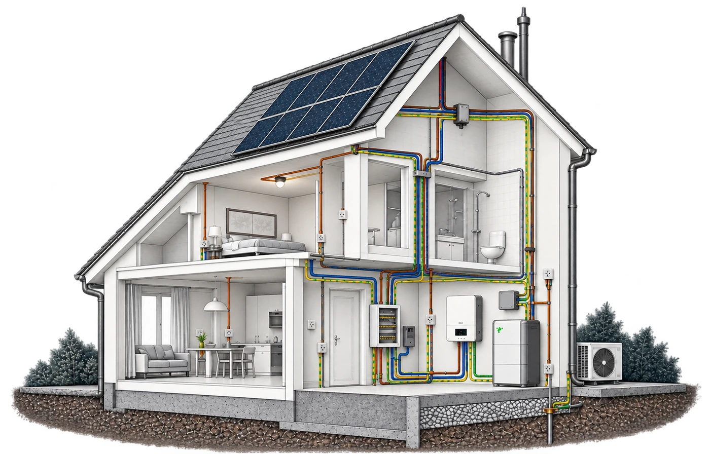 Przekrój domu z instalacją elektryczną, odgromową, panelami fotowoltaicznymi i magazynem energii wewnątrz budynku